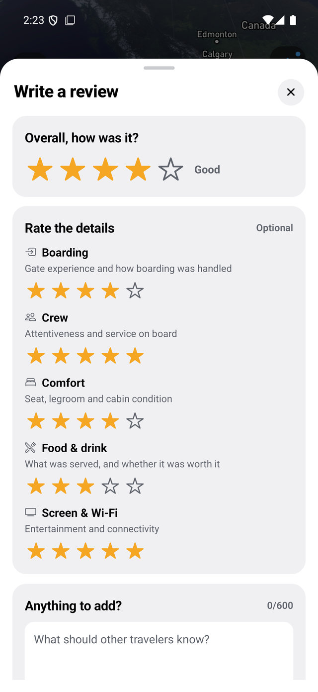 Goafie's airline review form for an Alaska Airlines flight, with an overall four star rating and separate scores for boarding, crew, comfort, food and drink, and screen and Wi-Fi