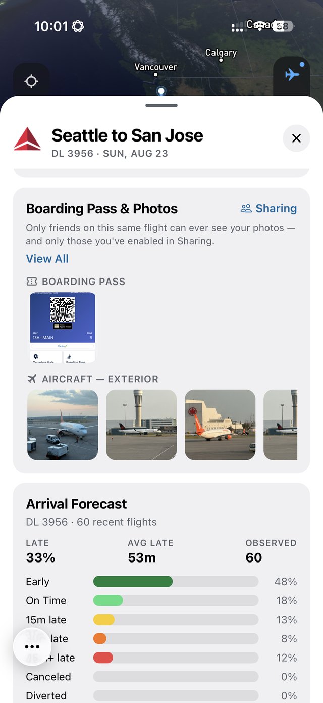 A Delta boarding pass with its barcode stored in Goafie beside photos of the aircraft at the gate, above an arrival forecast built from 60 recent flights