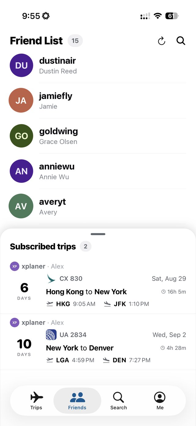 Goafie's friend list, and two subscribed friend trips below it: a Hong Kong to New York Cathay flight and a New York to Denver United flight