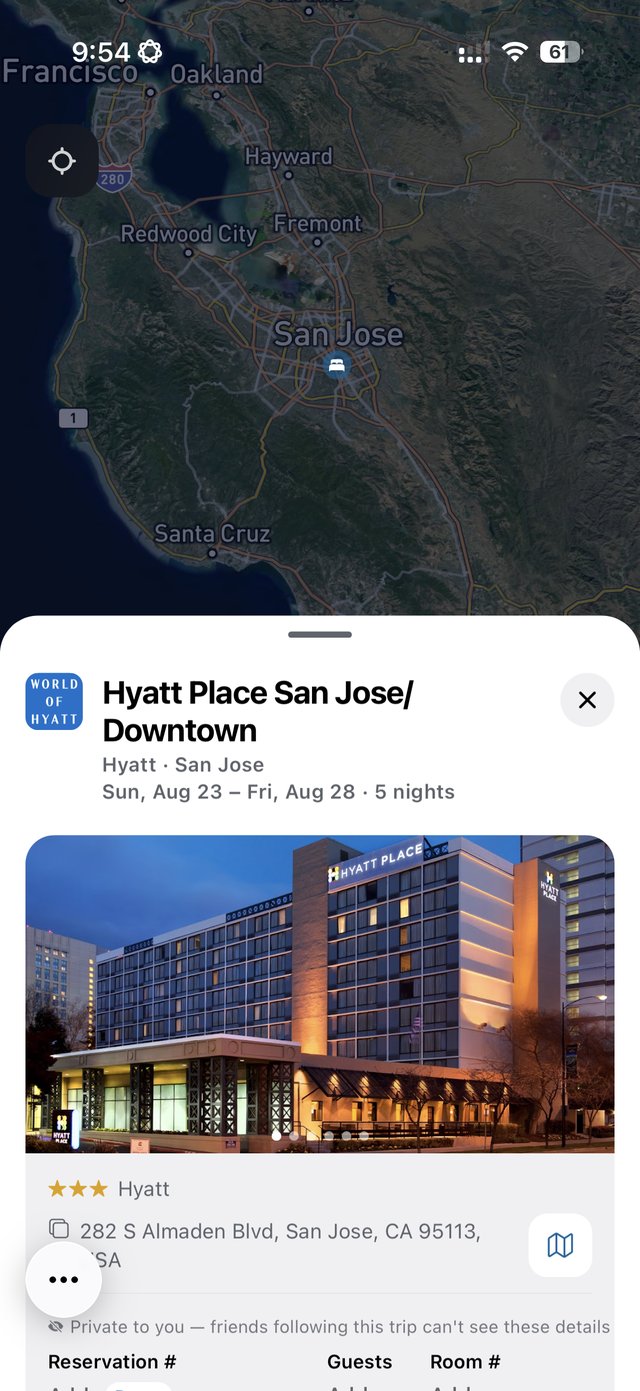A Hyatt Place San Jose stay in Goafie with its dates, five nights, address and photo, pinned on a Bay Area map